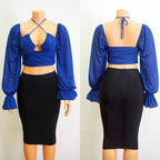 Sleeve Halter  Lace-up Top - WOMONA.COM