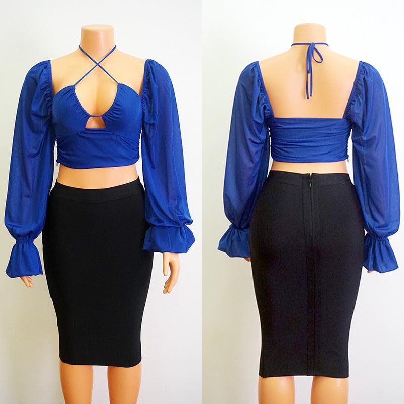 Sleeve Halter  Lace-up Top - WOMONA.COM