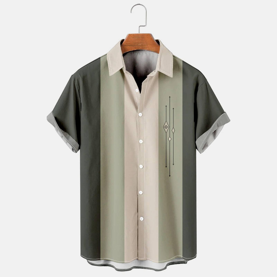 Green and beige short-sleeve button-up Hawaiian shirt with vertical panel stripes and chest graphic