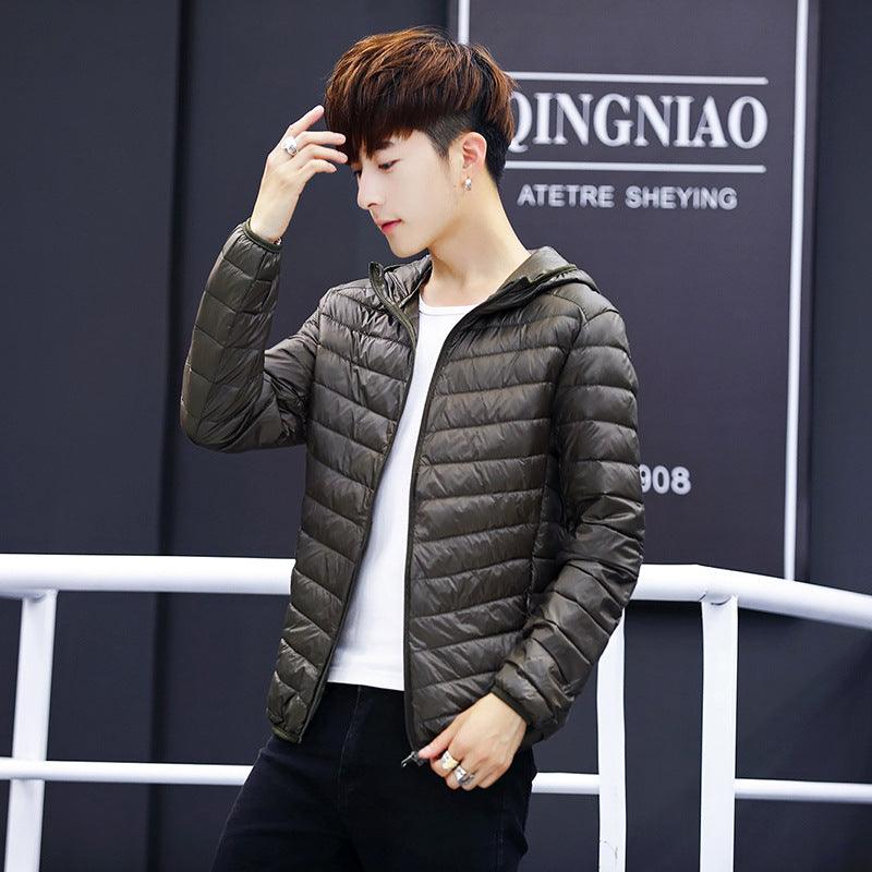 Mens hooded puffer jacket, army green, full-zip front with quilted insulation
