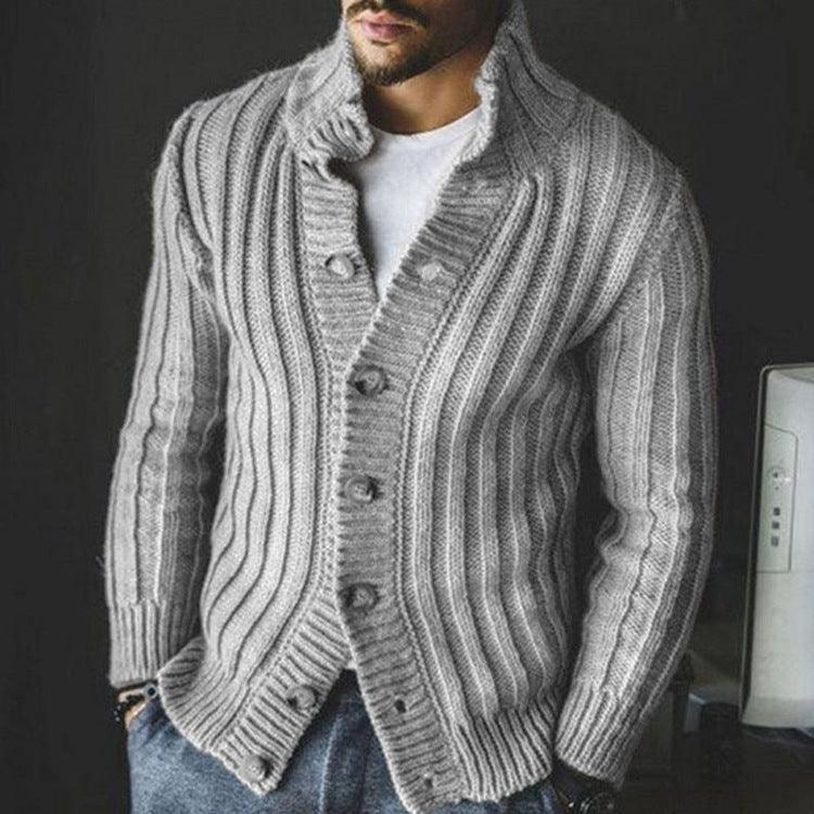 Men's ribbed knit button-front sweater, grey, V-neck with shawl collar