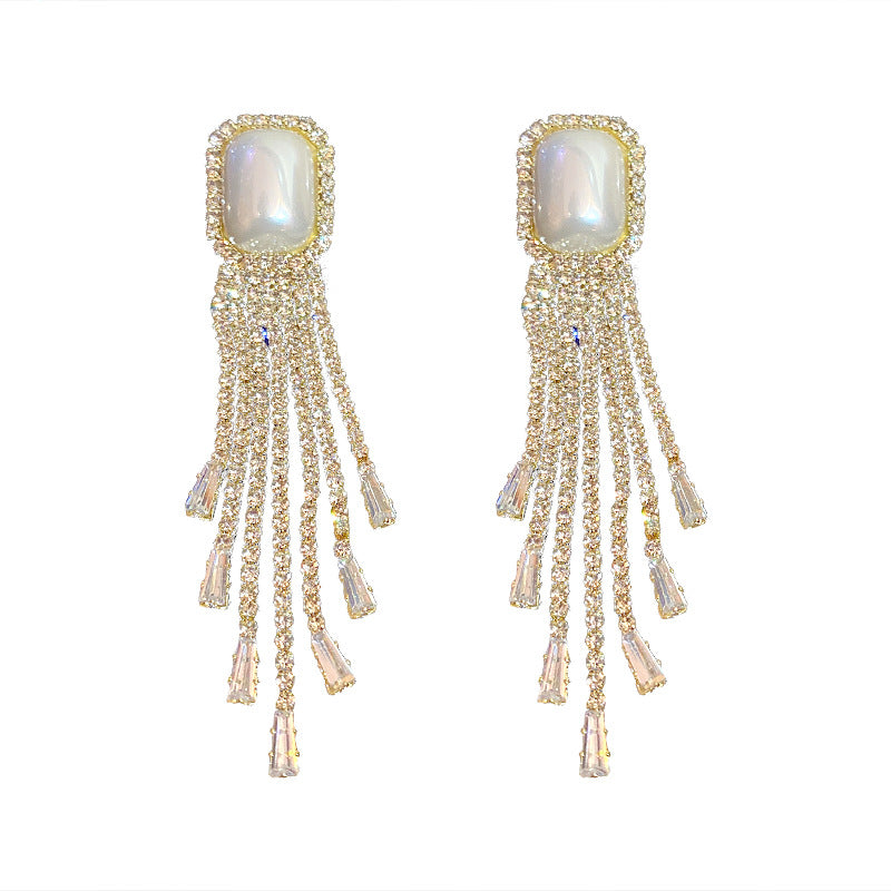 Pearl Full Diamond Long Tassel Earrings - WOMONA.COM