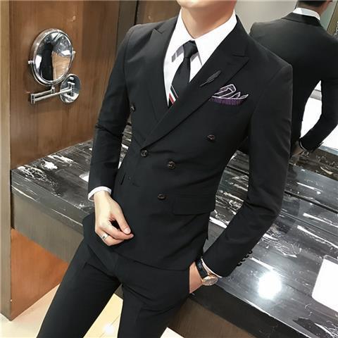 Black double-breasted suit pants set with matching jacket and dress trousers