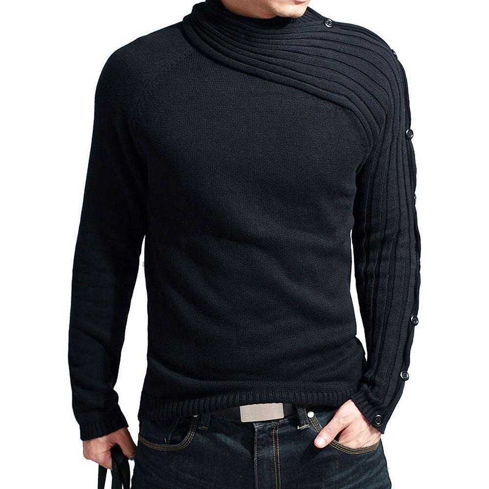 Men's black slim knit sweater with draped scarf-style ribbed collar