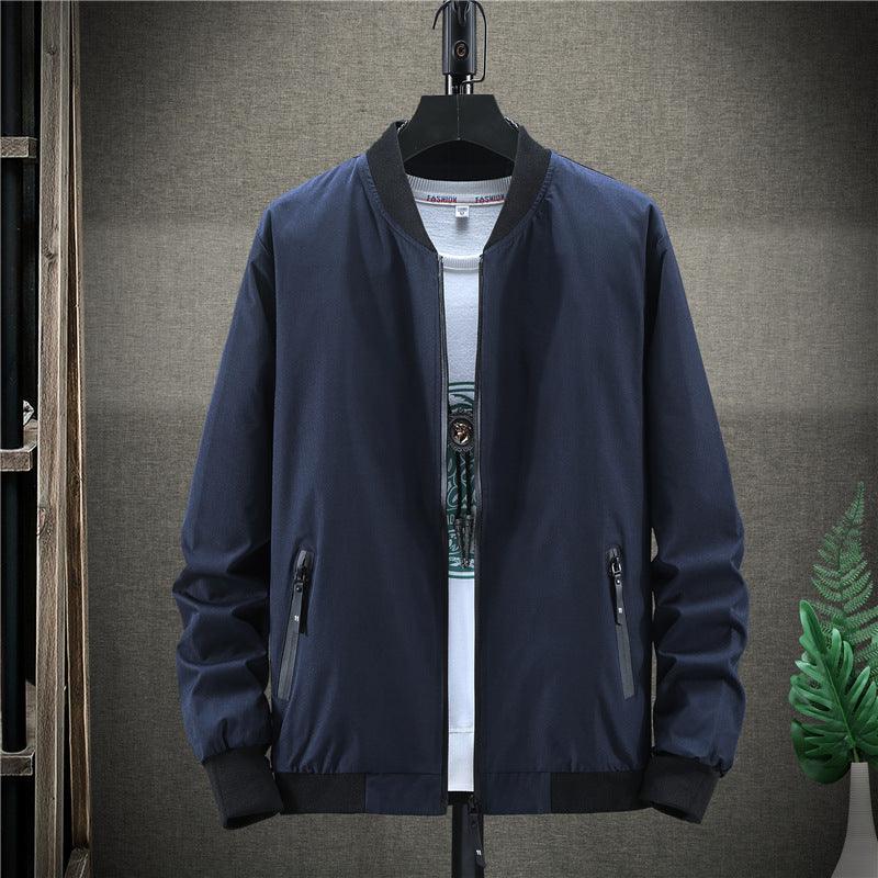 Men's navy blue zip-up casual jacket with stand collar and side zip pockets