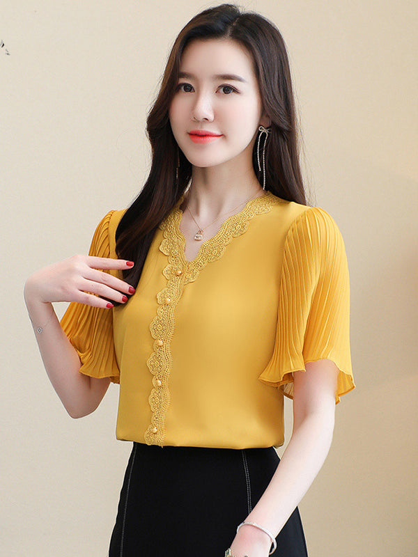 Lace V-neck Shirt - WOMONA.COM