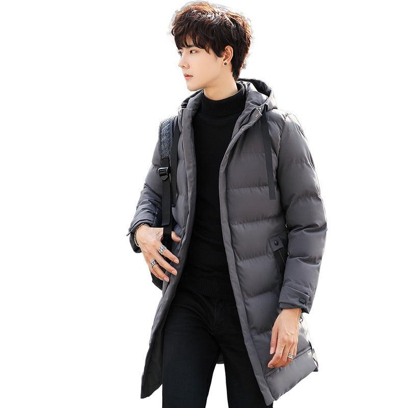 Men's cotton-padded hooded jacket, dark grey, longline with front zip and pockets
