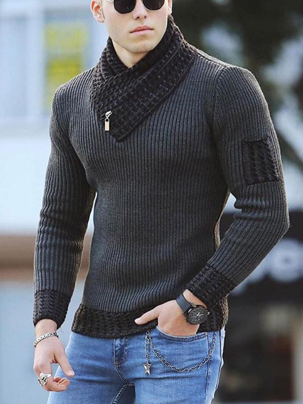 Men's scarf-collar sweater in dark gray rib knit with black scarf collar and patch