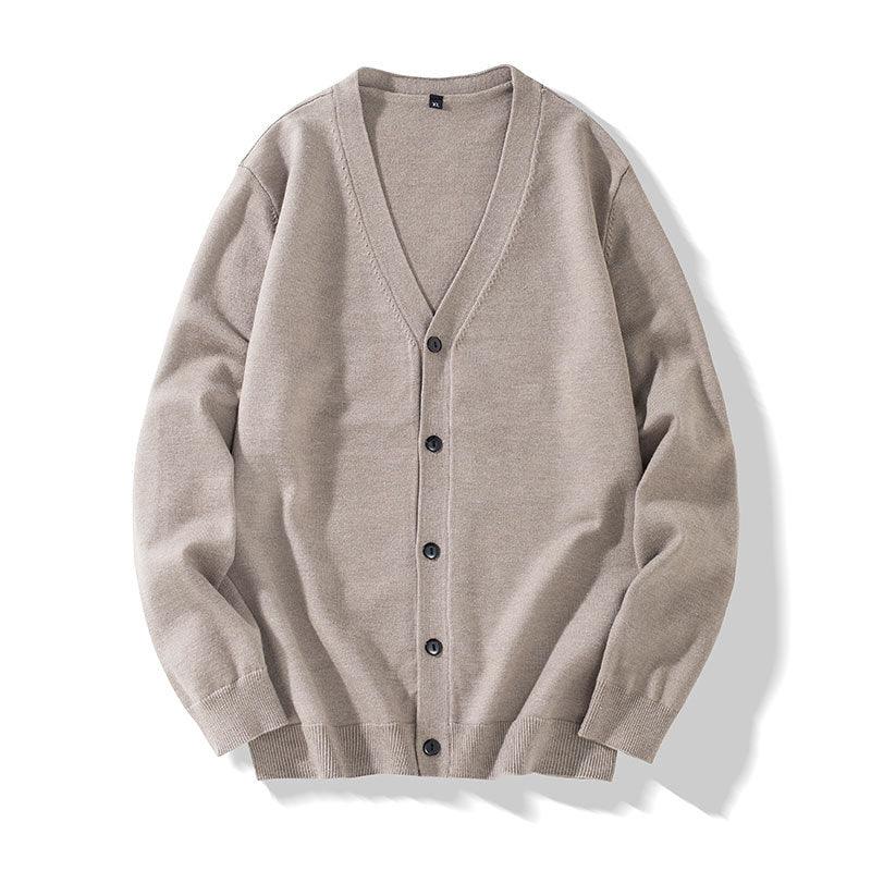 Light beige knit youth cardigan jacket, V-neck, button front, long sleeves