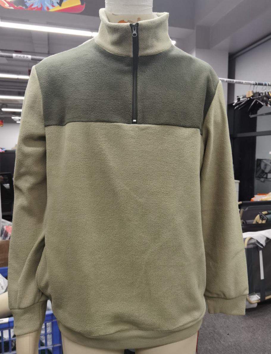 Two-tone half-zip stand-up collar sweatshirt in green, long sleeves