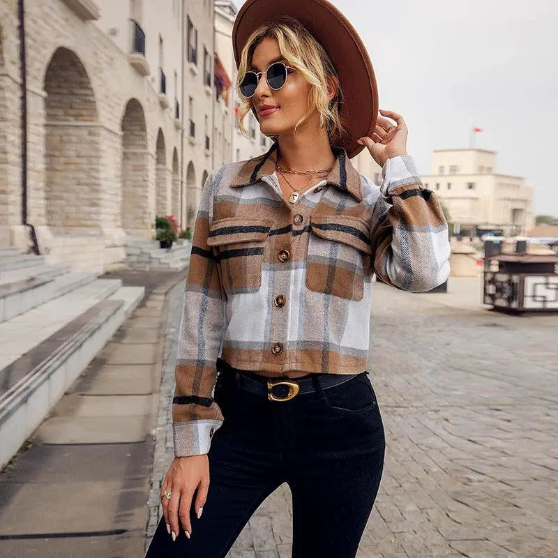 Multicolor plaid wool cardigan jacket with long sleeves, button-front and collar