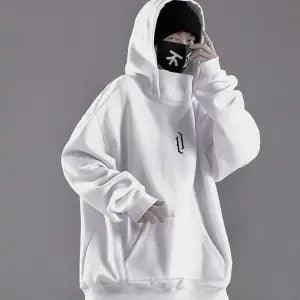 White hooded pullover jacket with front kangaroo pocket and small chest logo