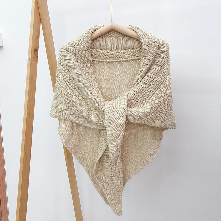 Cream beige knit triangular scarf with textured weave and draped cowl collar