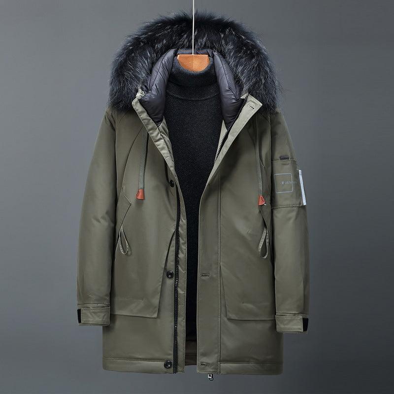 Men's mid-length parka with faux-fur hood, zip front, olive outer shell