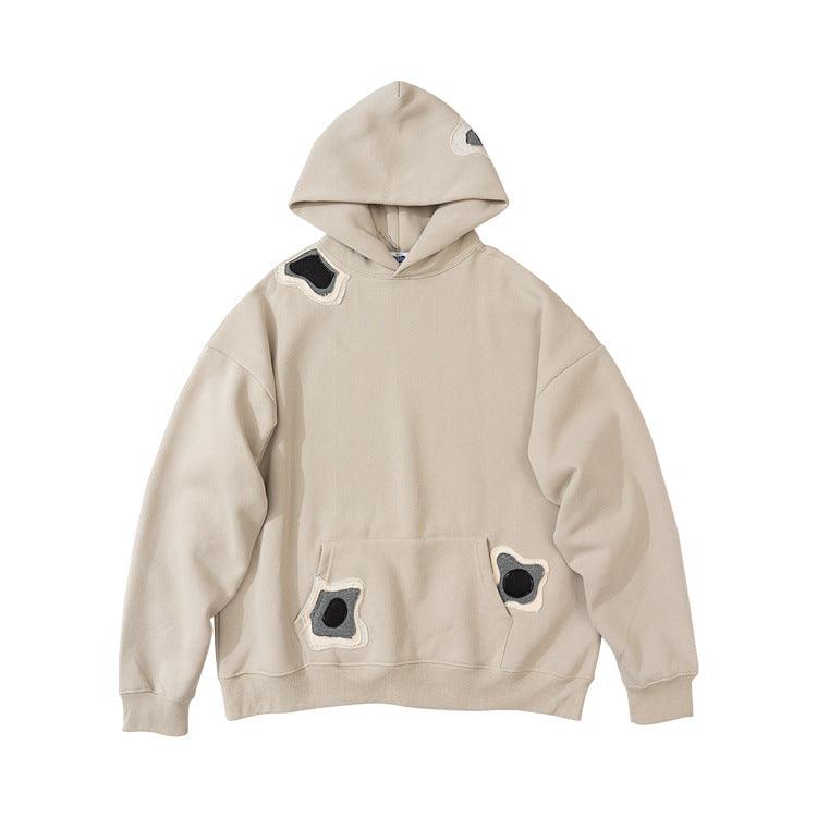 Sand hooded loose sweater with kangaroo pocket and oval patch appliques on chest