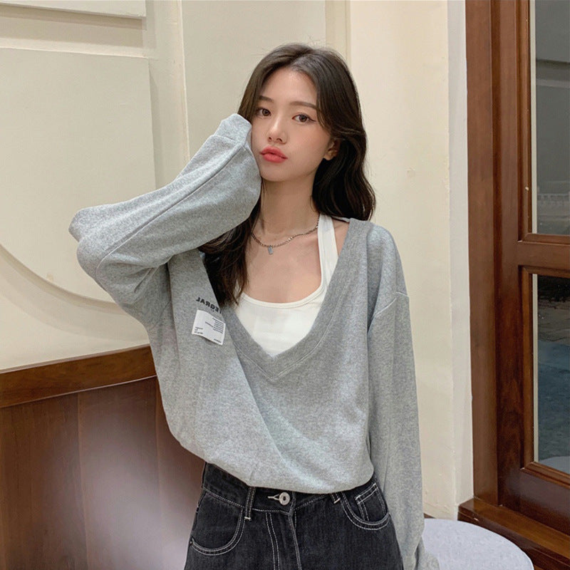 Fake Two-piece V-neck Sweater - WOMONA.COM