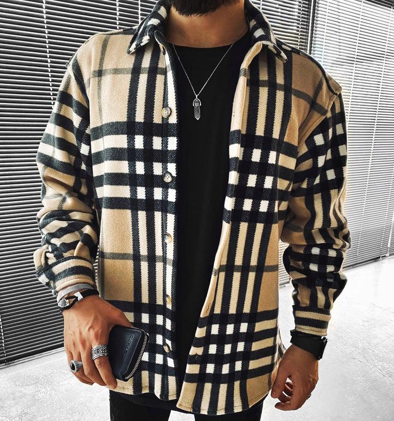 Men's plaid long-sleeve shirt, cream and navy button-front with stand collar