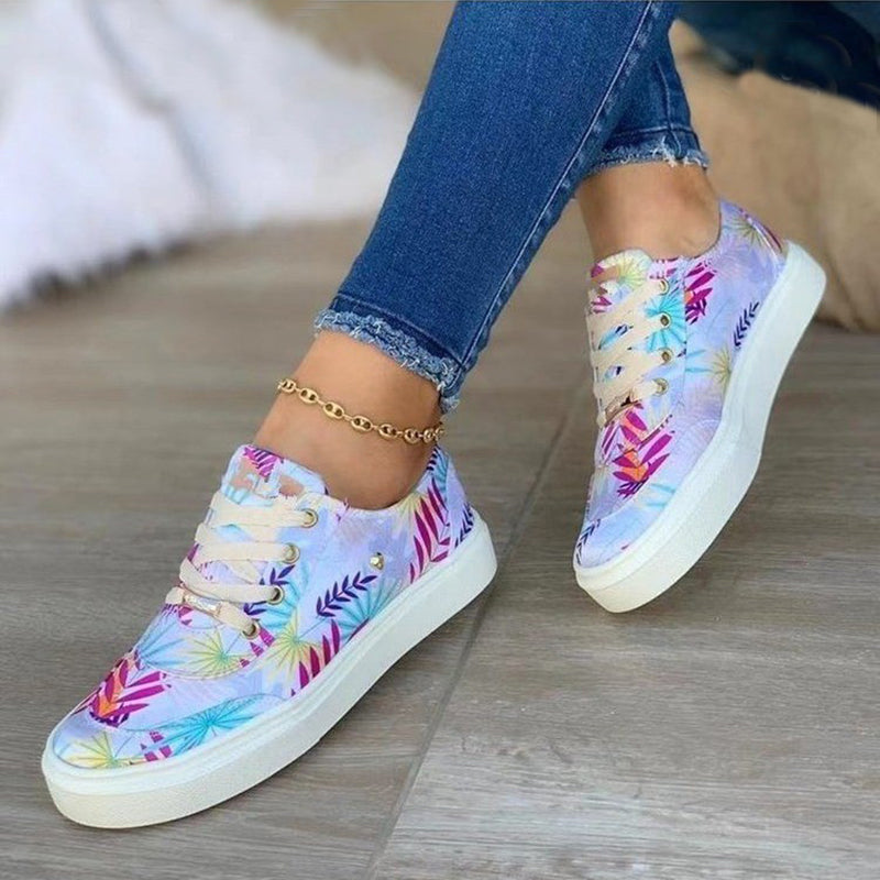 Lace-Up Flats Leaves Print Casual Sneakers - WOMONA.COM