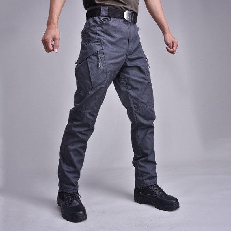 Men's tactical cargo pants, dark gray, with zip fly, belt loops, and side pockets