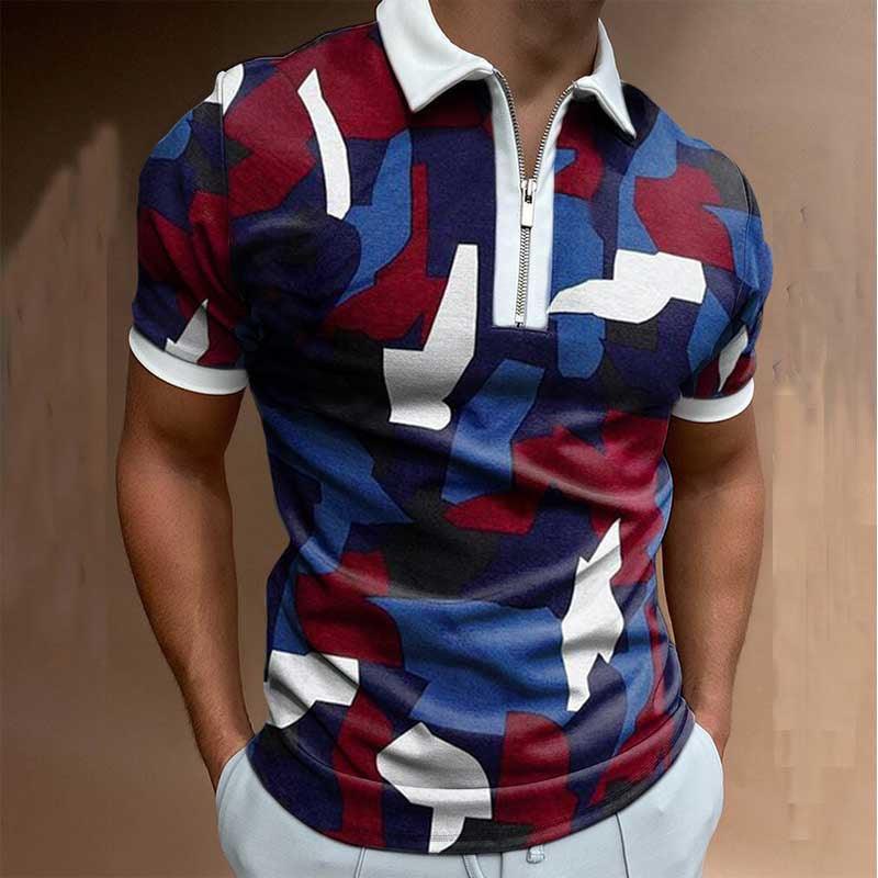 Color-blocked polo shirt with red, navy, and white geometric print and zip front