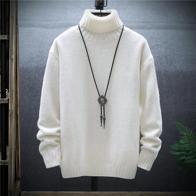 White thick knit turtleneck sweater with ribbed cuffs and hem, long sleeves