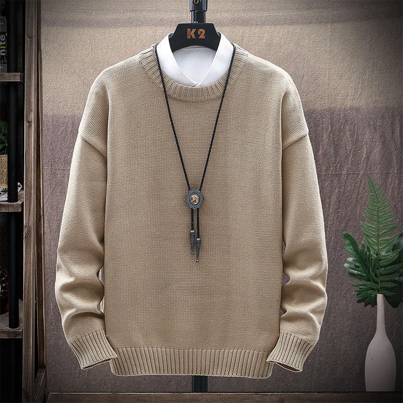 Loose crewneck knit pullover sweater, khaki beige, ribbed neckline and cuffs