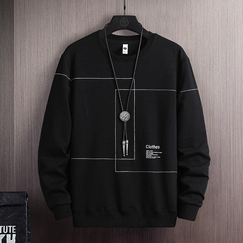 Black crewneck cotton sweater with square grid graphic and necklace pendant graphic