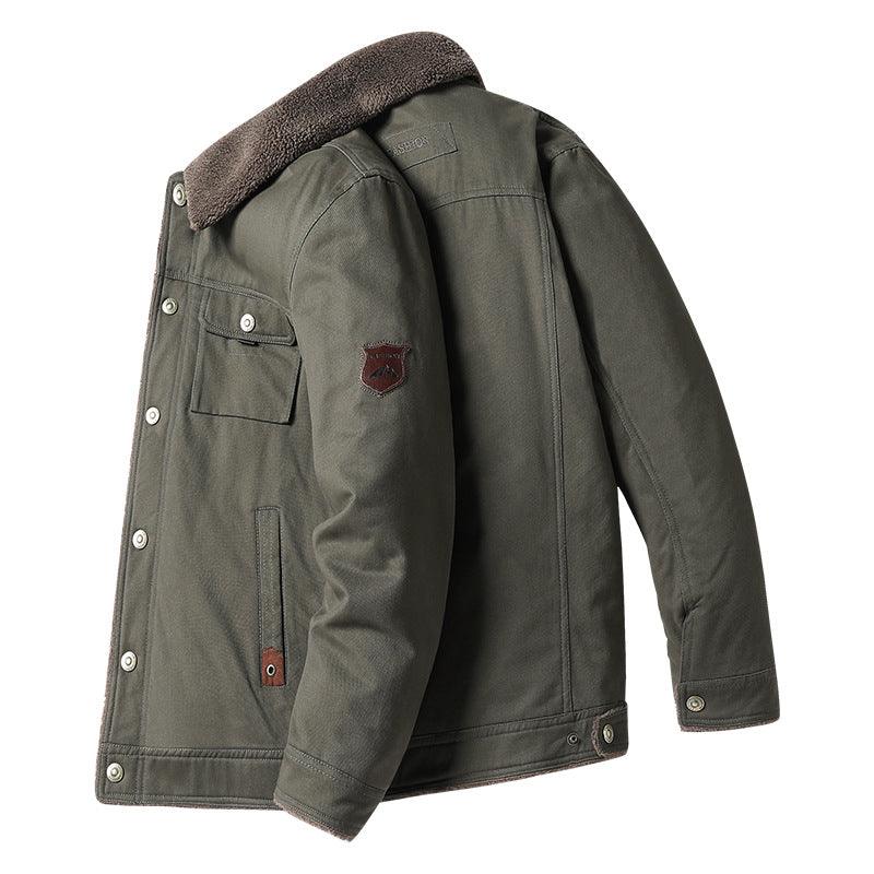 Olive workwear coat with sherpa-lined collar, chest patch pocket, snap buttons