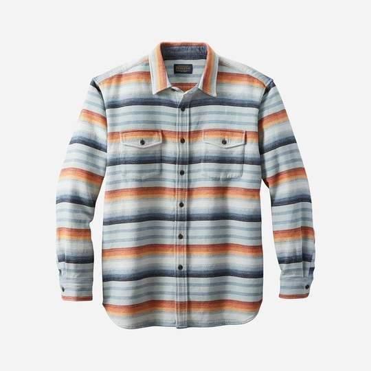 Men's fleece shirt jacket in blue, orange, and gray striped plaid with chest pockets