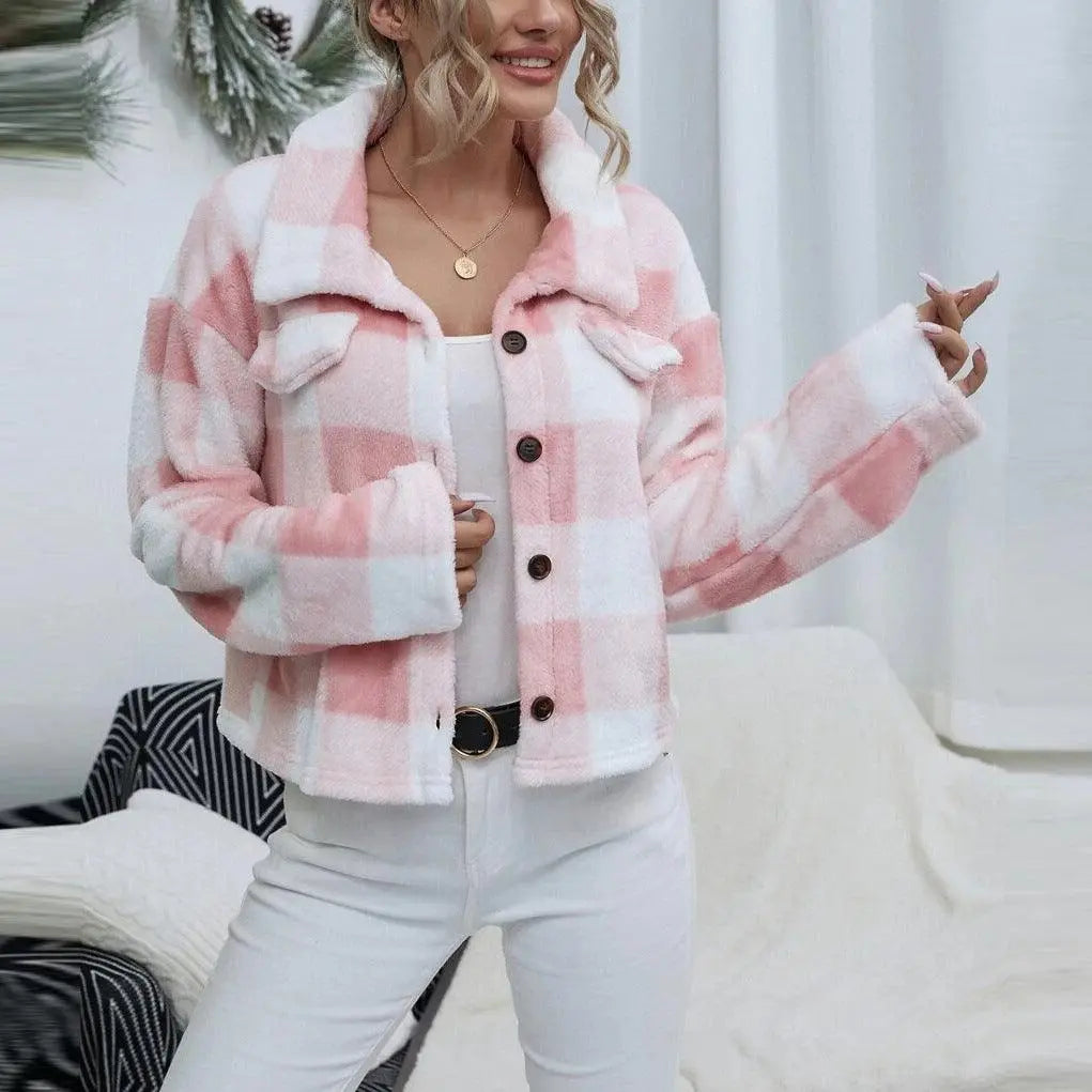 Women's pink-and-white plaid cardigan with button front and sherpa-style collar
