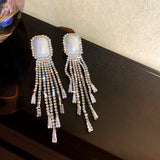 Pearl Full Diamond Long Tassel Earrings - WOMONA.COM