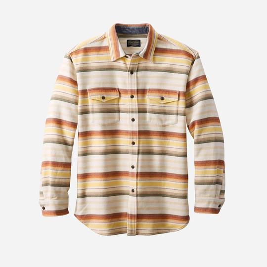 Men's fleece shirt jacket in yellow, orange, and cream striped plaid with chest pockets