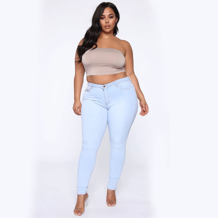 Women's Plus Size Fashion High Elastic Denim Pencil Pants - WOMONA.COM