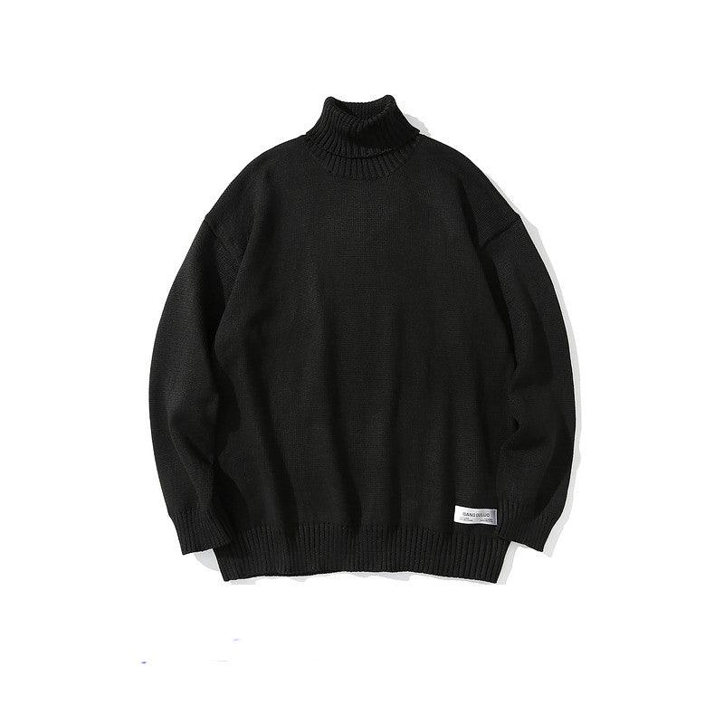 Men's black crew neck sweater with ribbed collar, cuffs, and hem