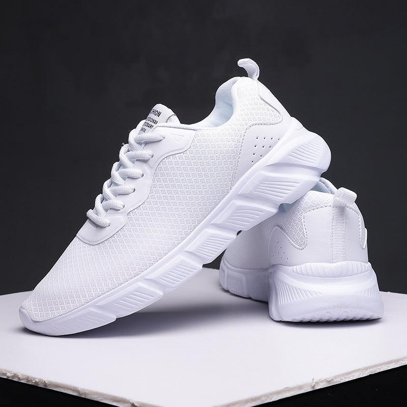White breathable mesh casual sneaker with lace-up and cushioned sole, side view