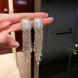 Pearl Full Diamond Long Tassel Earrings - WOMONA.COM