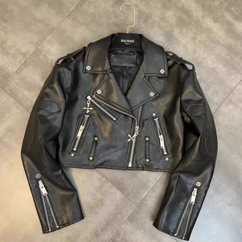 Studded Cross Faux Cropped Leather Jacket - WOMONA.COM