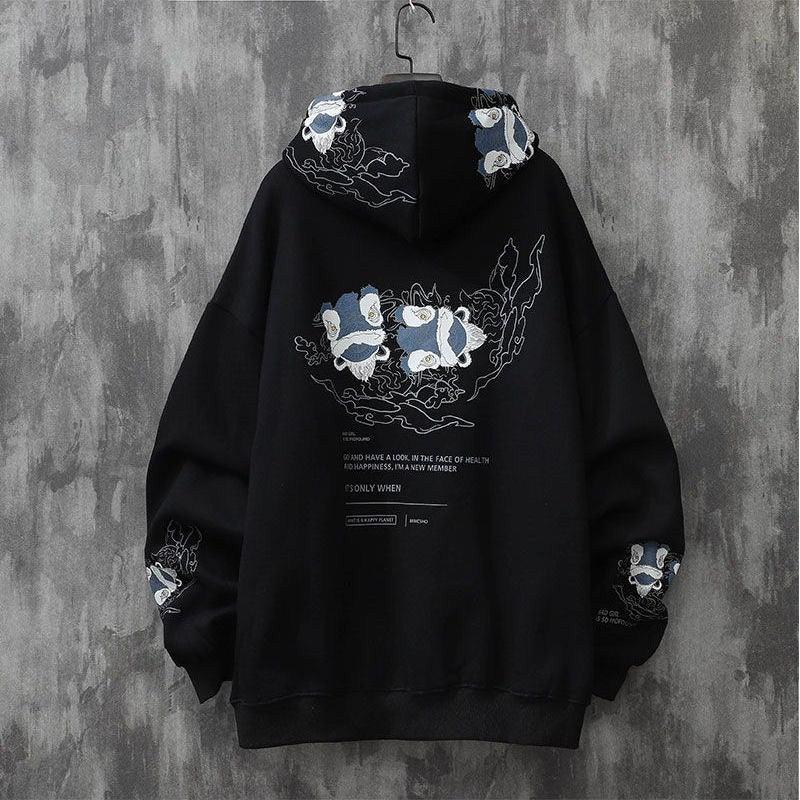 Men's black hooded sweater with blue graphic print on back and long sleeves