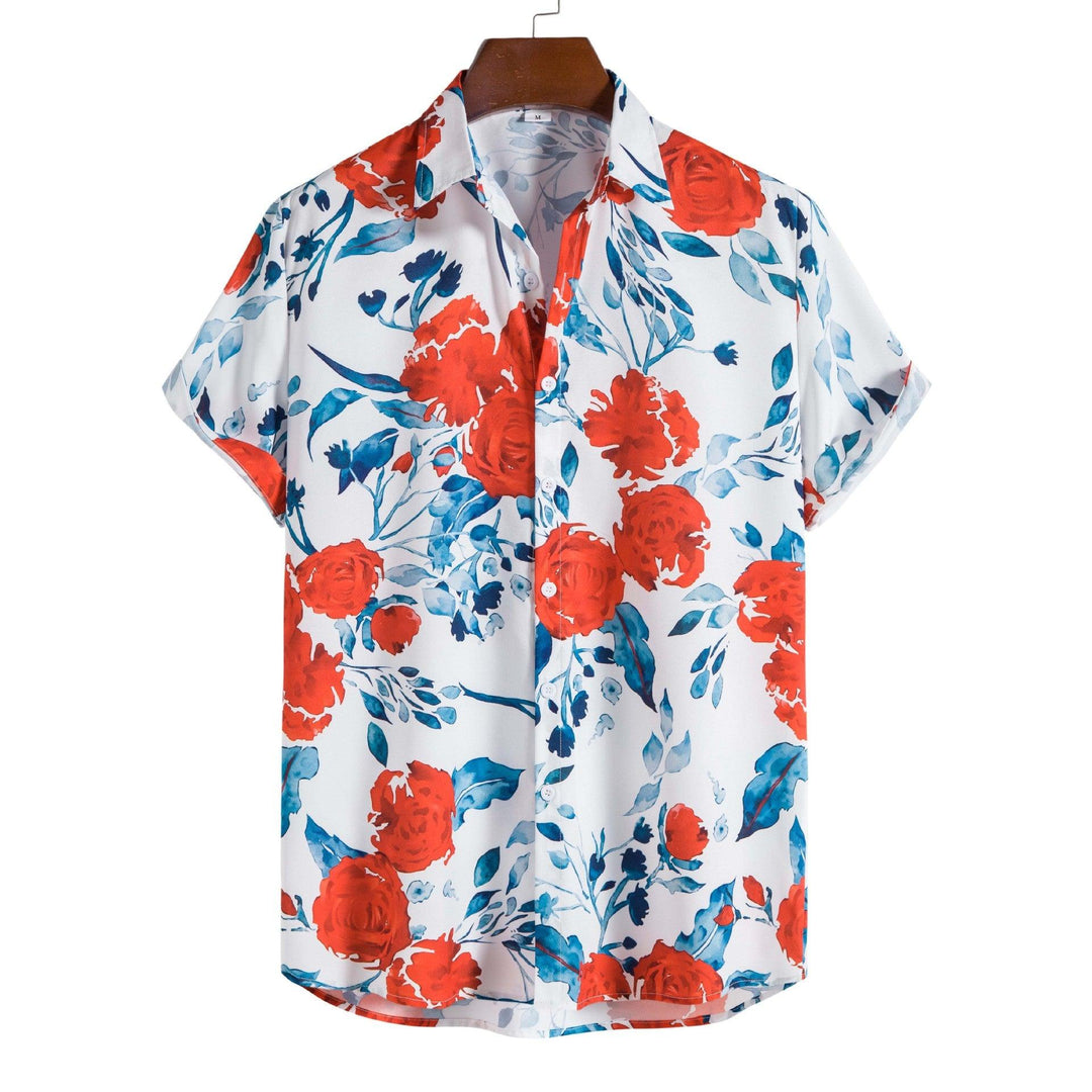 Men's floral print short-sleeve shirt on white base with red and blue blossoms