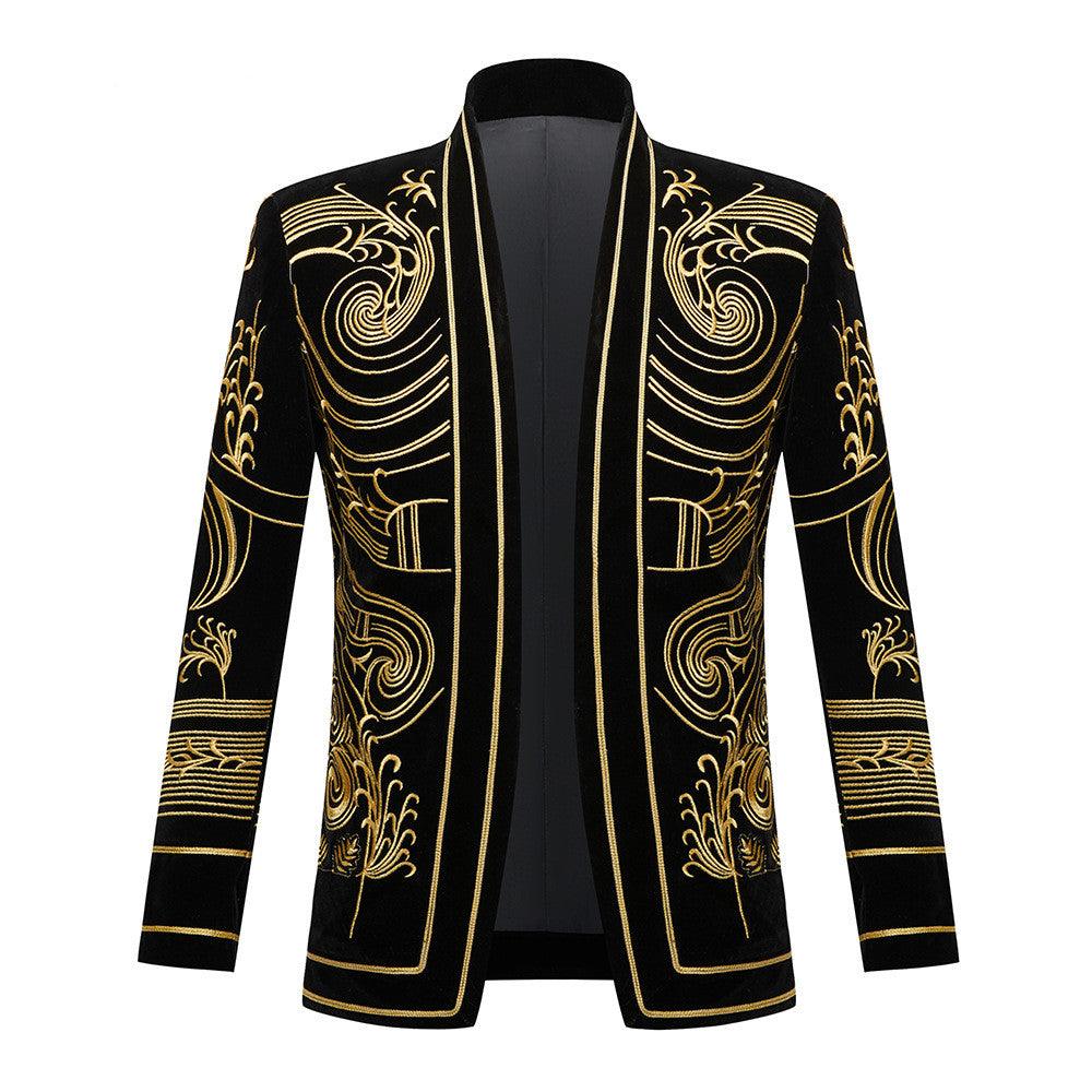 Men's black performance blazer with gold ornate swirl panels and striped trim