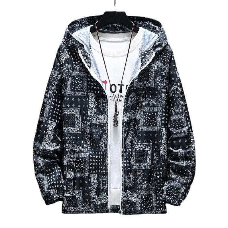 Men's hooded zip jacket, black with white geometric print, front pocket