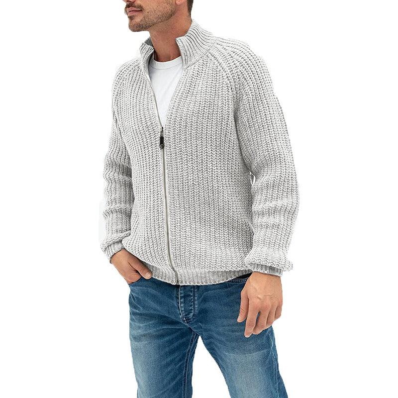 Men's knit cardigan sweater in light gray with zipper and ribbed collar cuffs hem