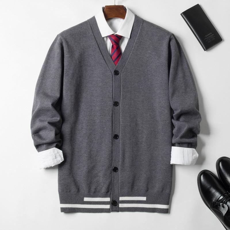 Men's grey button-up knit jacket with V-neck and striped ribbed hem cuffs