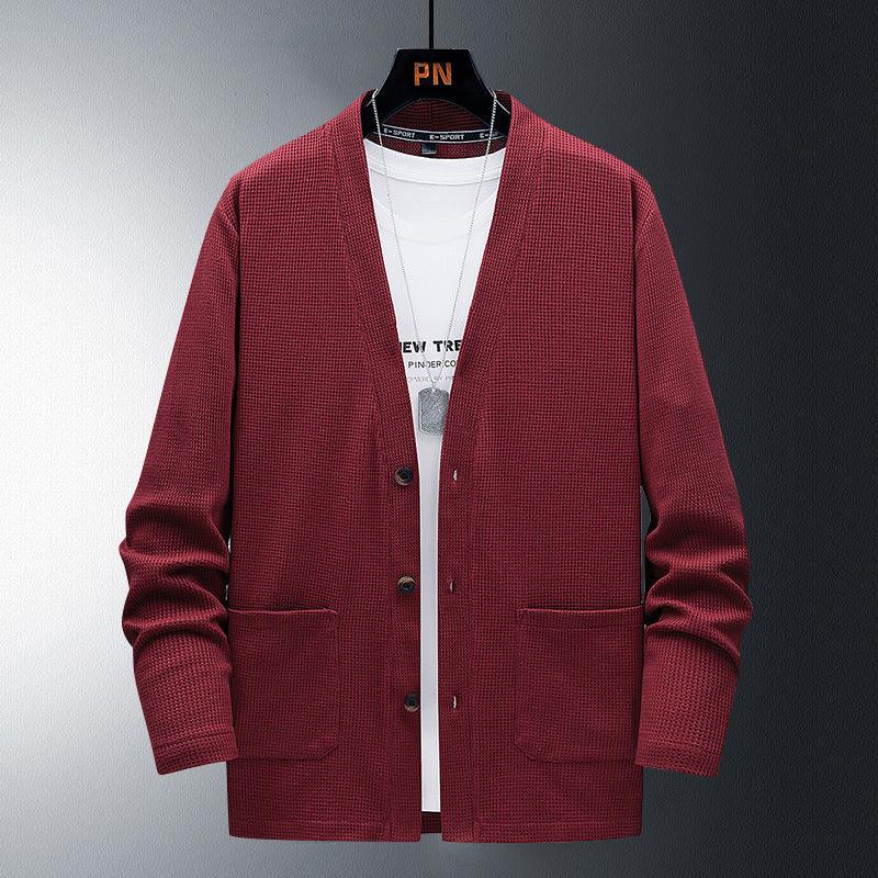 Red solid V-neck cardigan with button front and two chest pockets