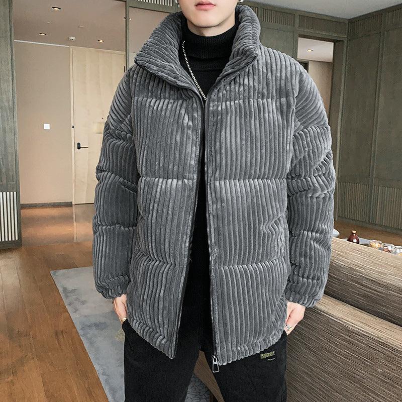 Men's corduroy padded jacket, grey, full-zip with stand collar