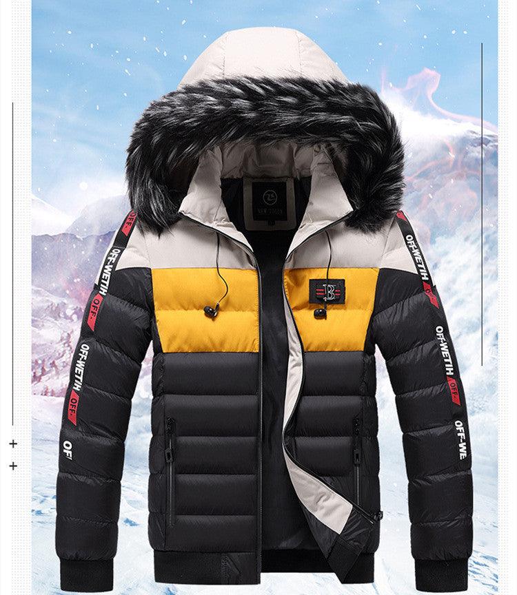 Men's hooded puffer jacket with faux fur trim; black and yellow color-block, zip front.