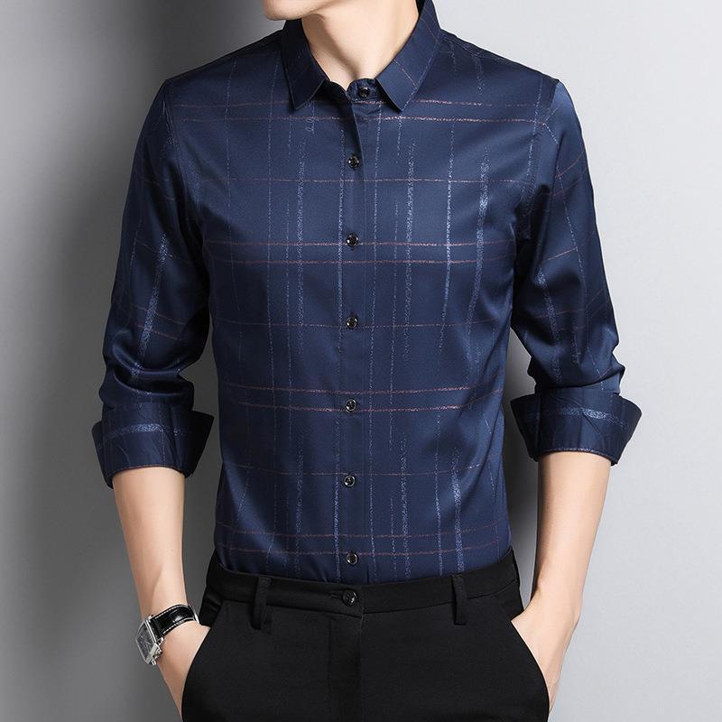 Men's long-sleeve shirt in navy blue with grid pattern, button front and dress collar