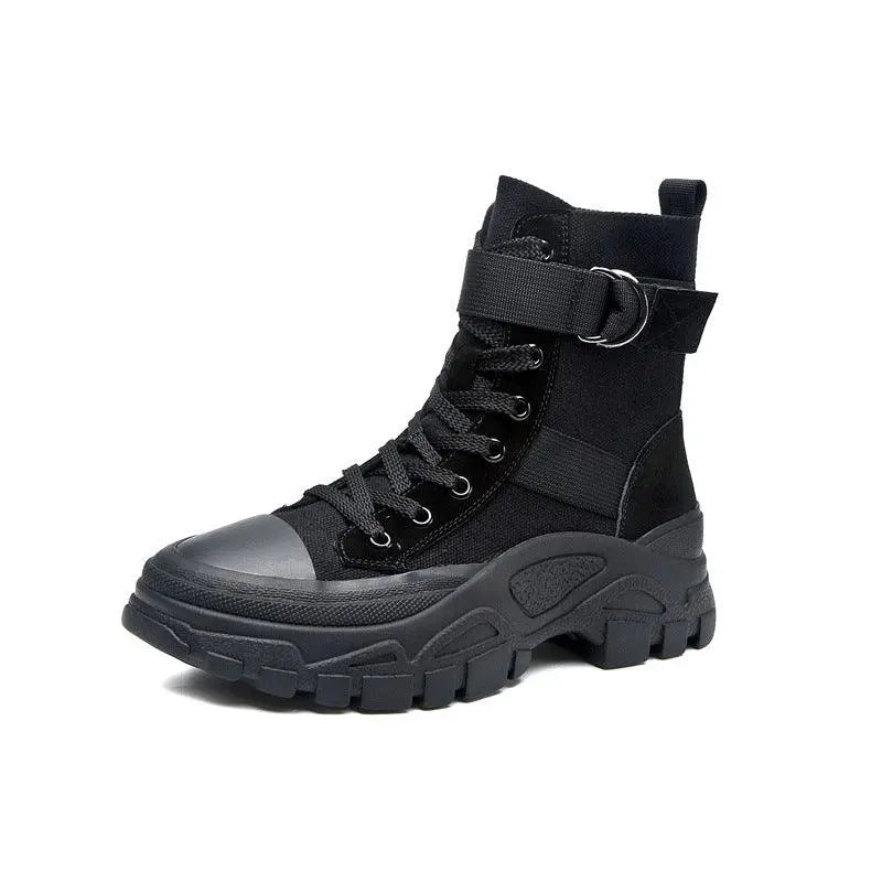 Three-color net boots in black, high-top lace-up with side buckle strap and thick tread sole