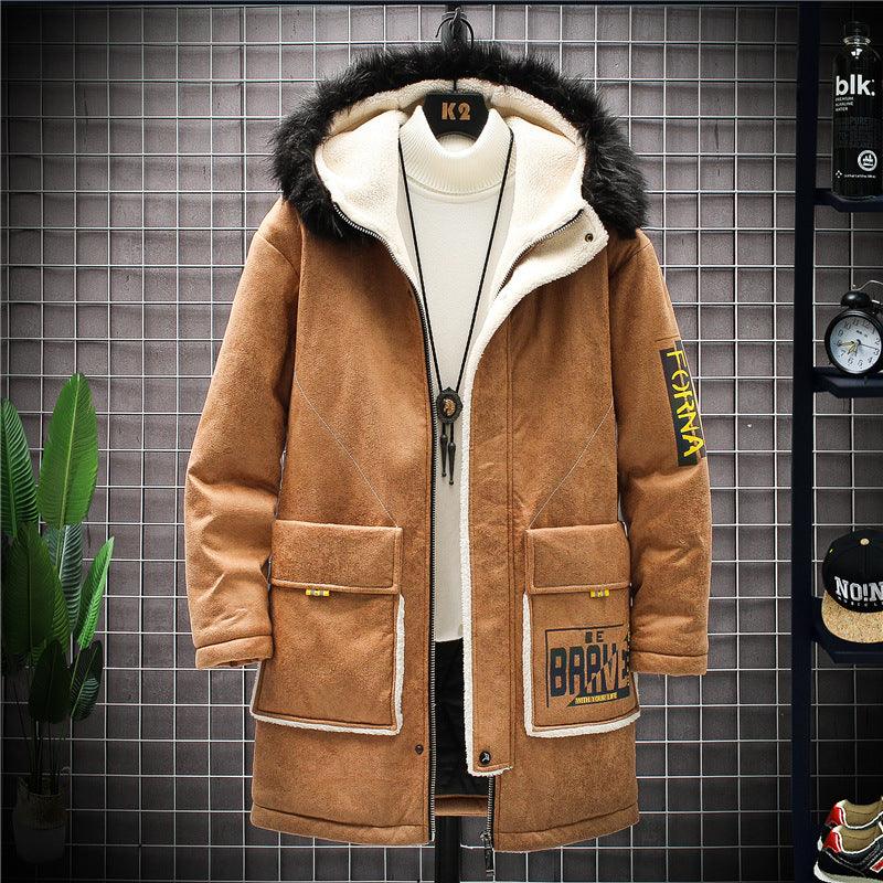 Youth hooded plush parka, caramel-brown with sherpa lining, zip front, and patch pockets