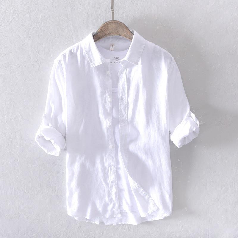 Men's white linen casual shirt with button-down front and short sleeves